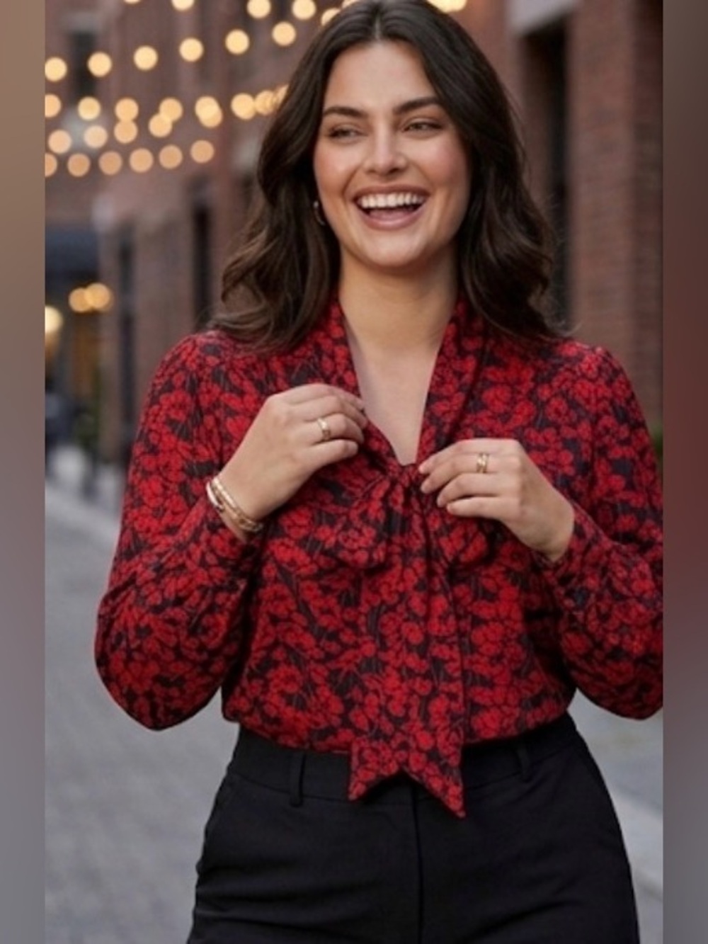 Who What Wear Red Poppies Black Tie Long Sleeve Button Up Blouse XXL
